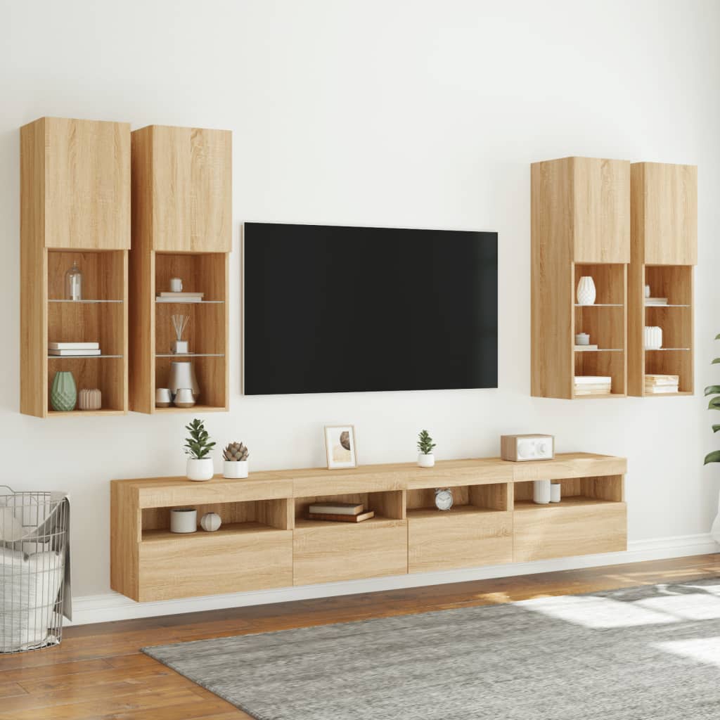 Comode TV de perete cu lumini LED, 7 piese, stejar sonoma GartenMobel Dekor