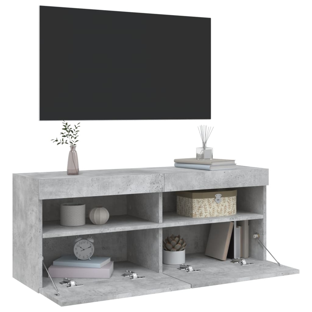 Comodă TV de perete cu lumini LED, gri beton, 100x30x40 cm GartenMobel Dekor