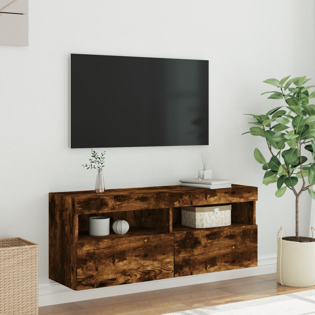 Comodă TV de perete cu lumini LED, stejar fumuriu, 100x30x40 cm GartenMobel Dekor