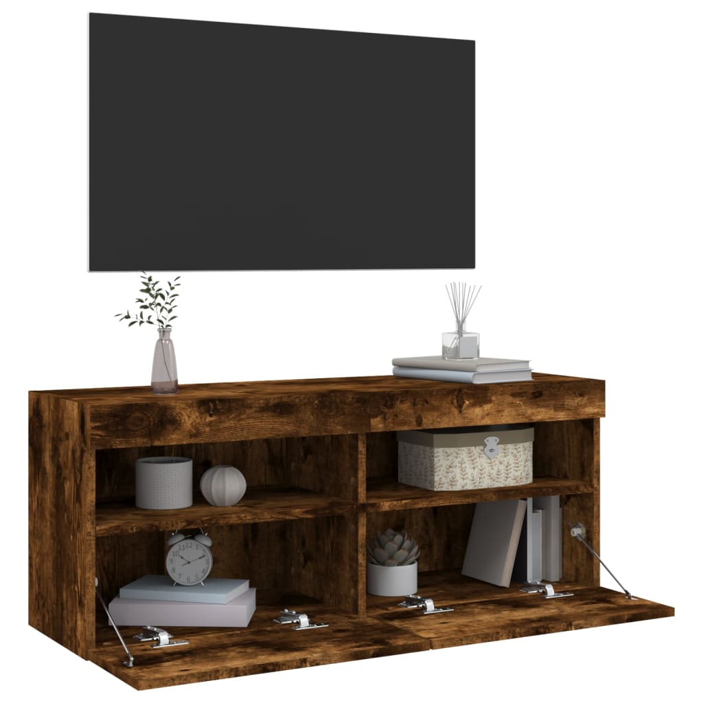 Comodă TV de perete cu lumini LED, stejar fumuriu, 100x30x40 cm GartenMobel Dekor