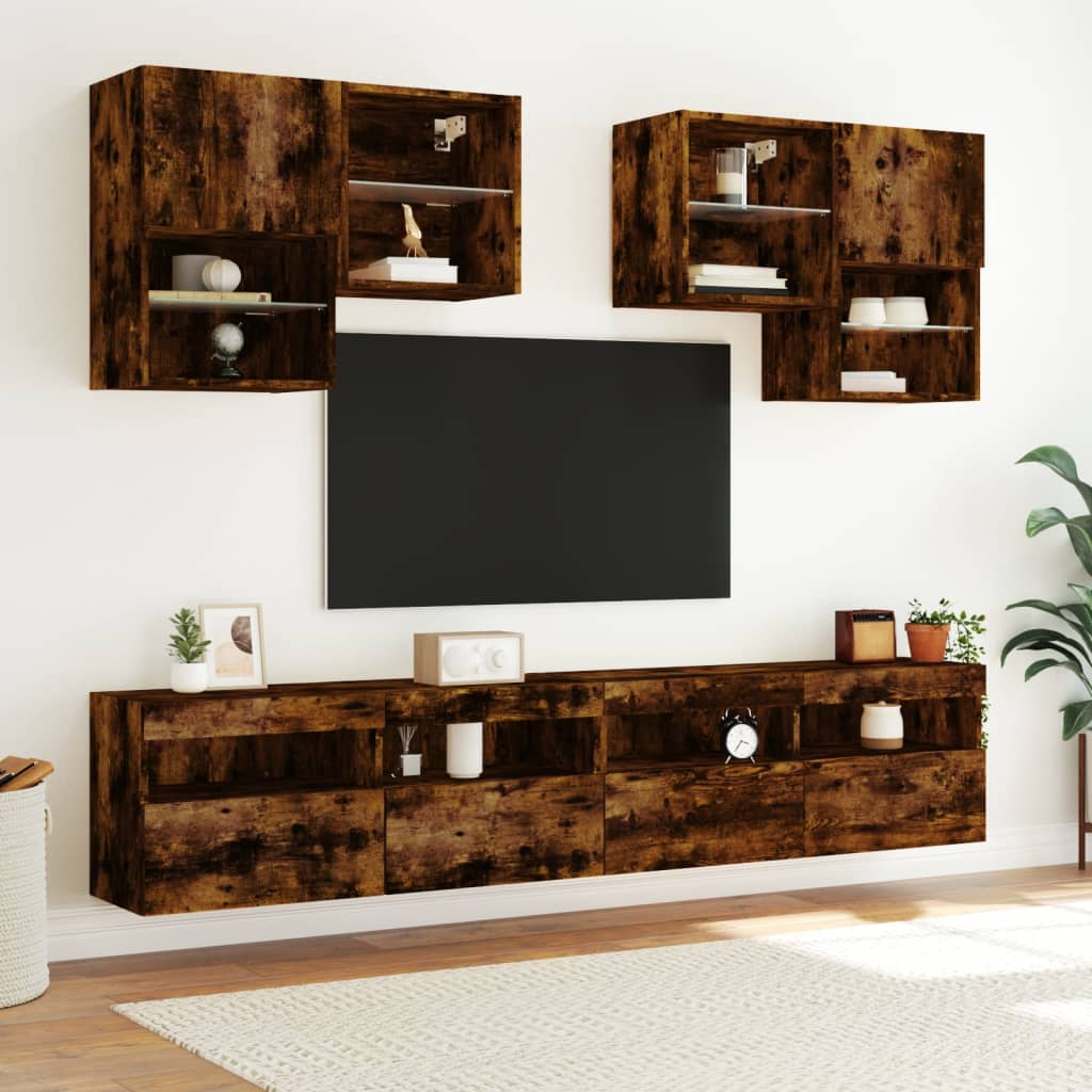 Comodă TV de perete cu lumini LED, stejar fumuriu, 100x30x40 cm GartenMobel Dekor