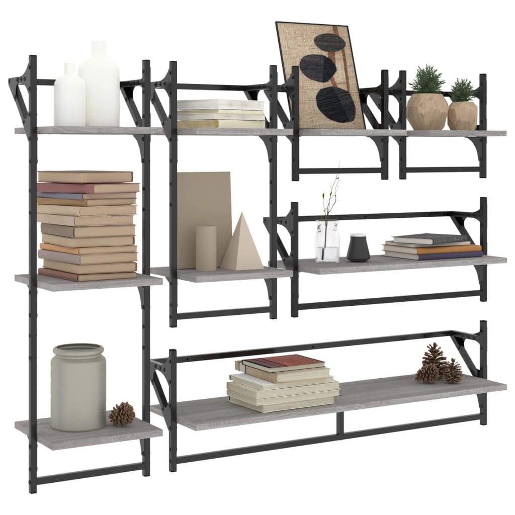 Set rafturi perete cu bare, 6 buc., gri sonoma, lemn prelucrat GartenMobel Dekor