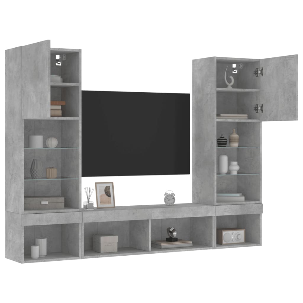 Unități TV de perete cu LED-uri 5 piese gri beton lemn compozit GartenMobel Dekor