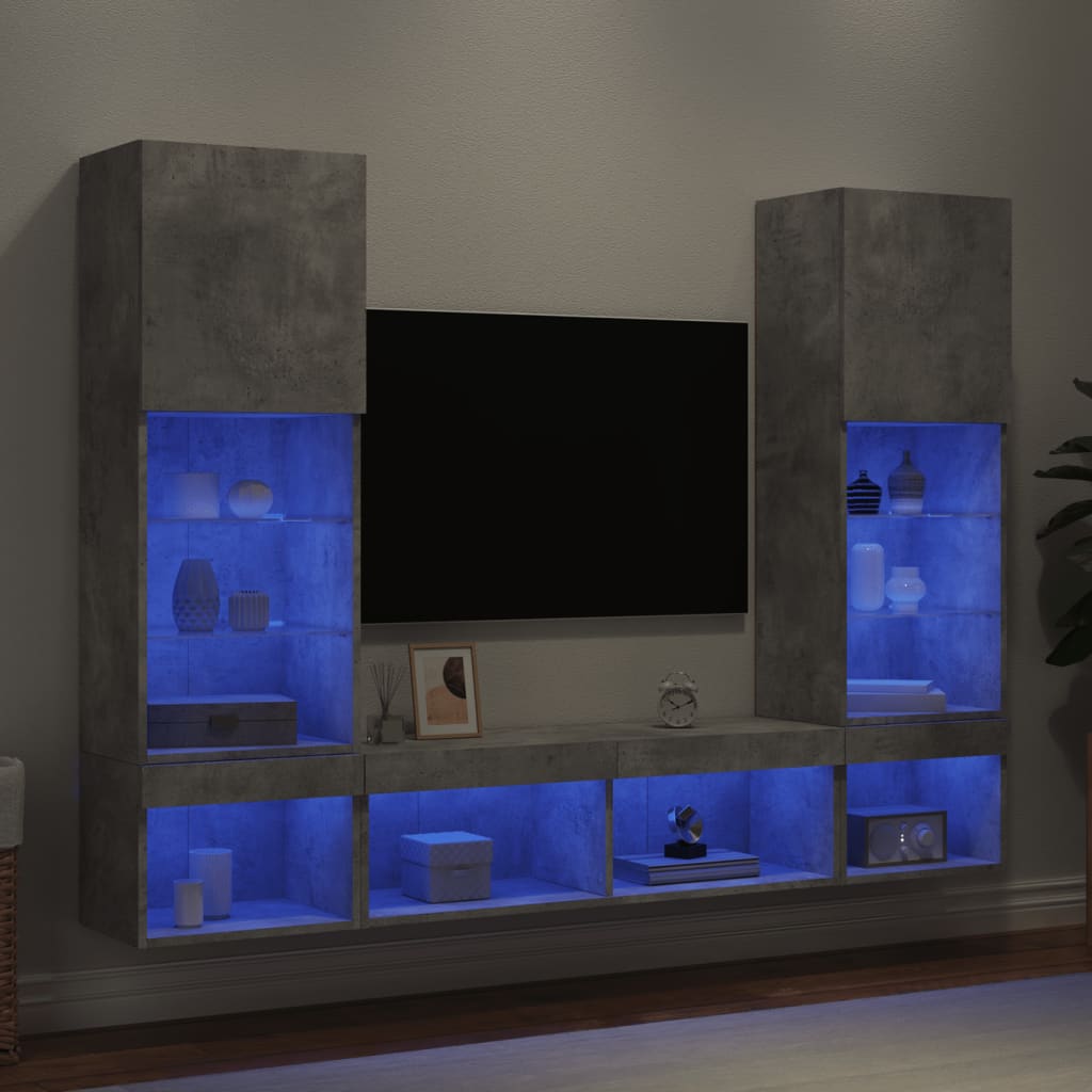 Unități TV de perete cu LED-uri 5 piese gri beton lemn compozit GartenMobel Dekor