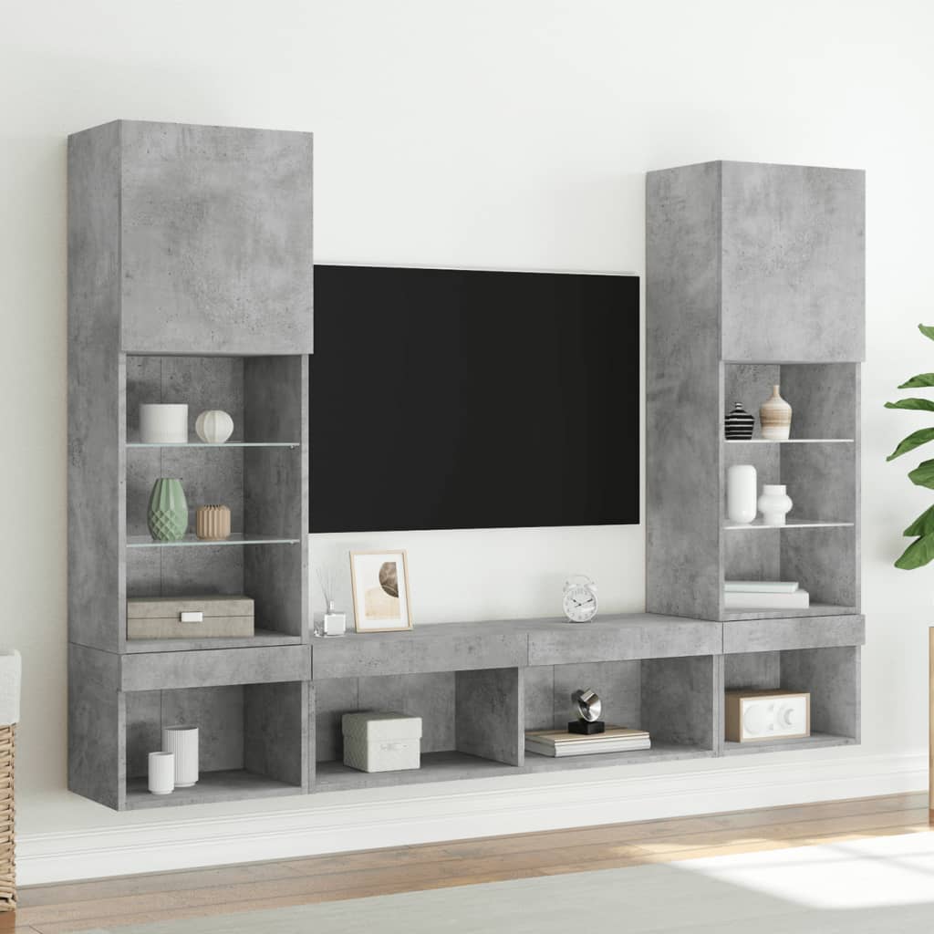 Unități TV de perete cu LED-uri 5 piese gri beton lemn compozit GartenMobel Dekor