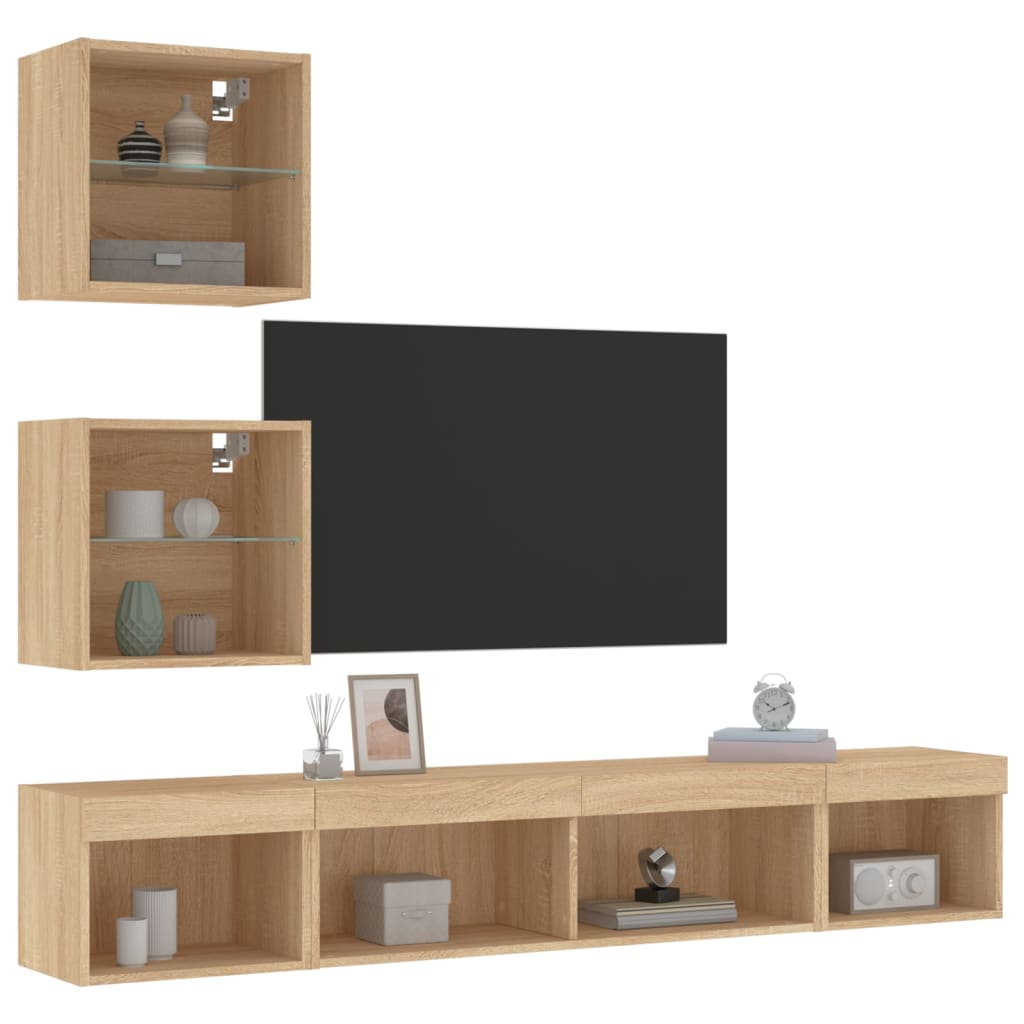 Unități de perete TV cu LED-uri, 5 piese, stejar sonoma, lemn GartenMobel Dekor