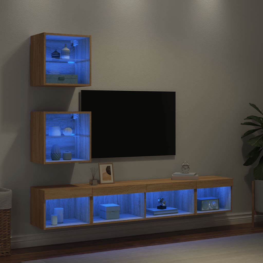 Unități de perete TV cu LED-uri, 5 piese, stejar sonoma, lemn GartenMobel Dekor