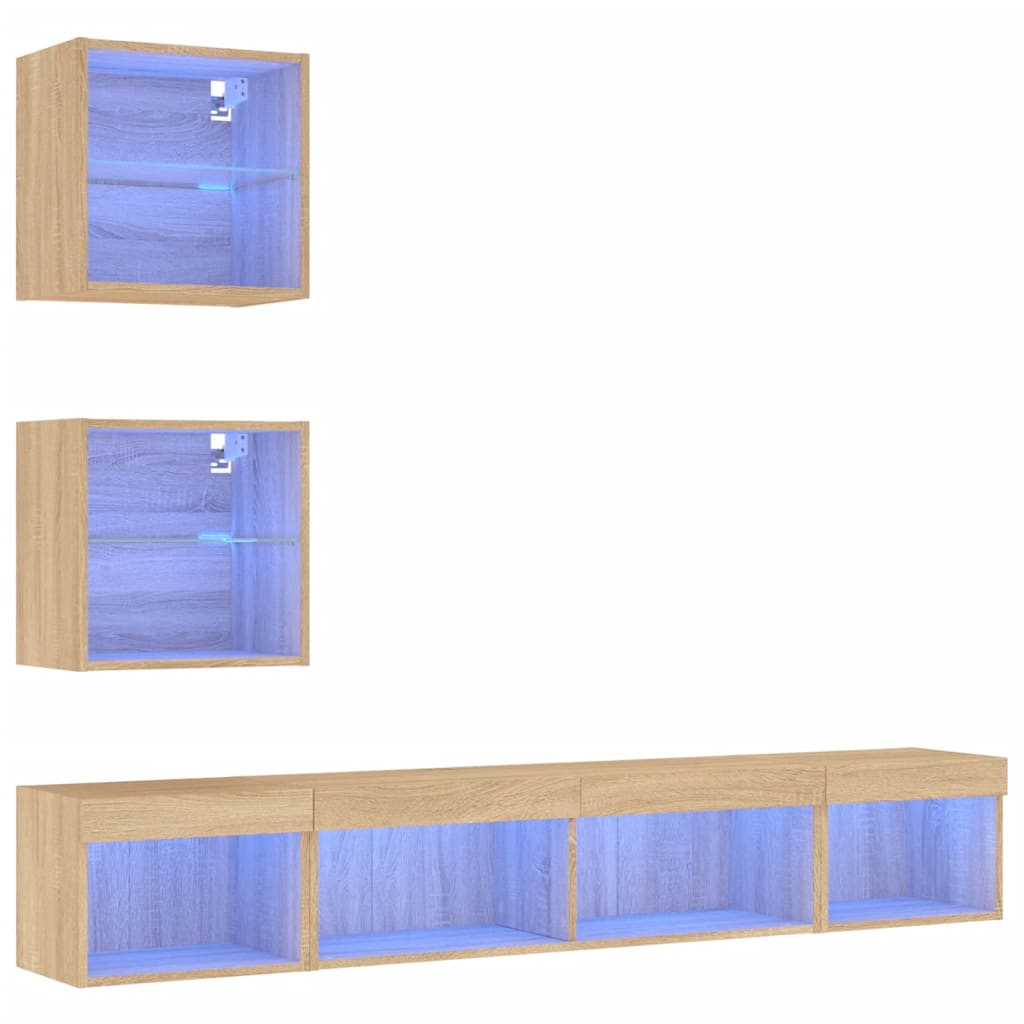 Unități de perete TV cu LED-uri, 5 piese, stejar sonoma, lemn GartenMobel Dekor