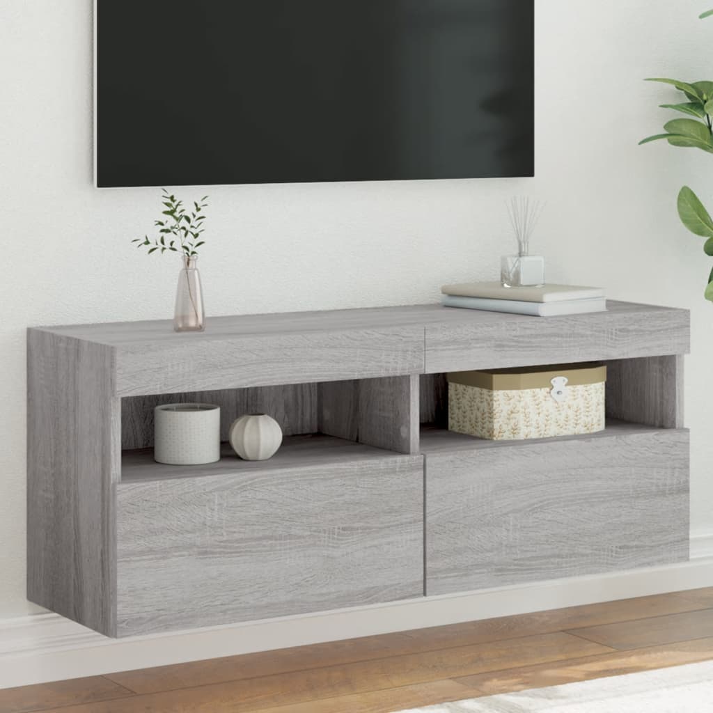 Comodă TV de perete cu lumini LED, gri sonoma, 100x30x40 cm GartenMobel Dekor