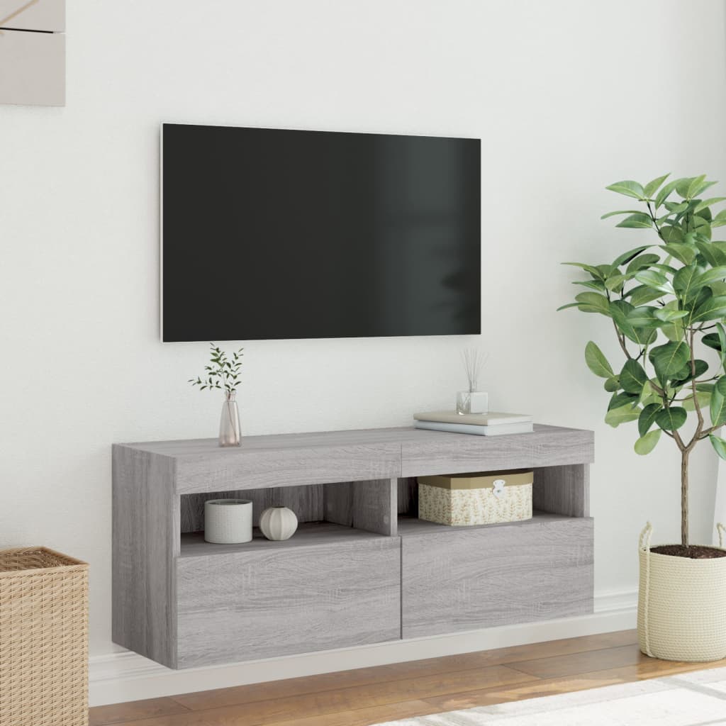 Comodă TV de perete cu lumini LED, gri sonoma, 100x30x40 cm GartenMobel Dekor