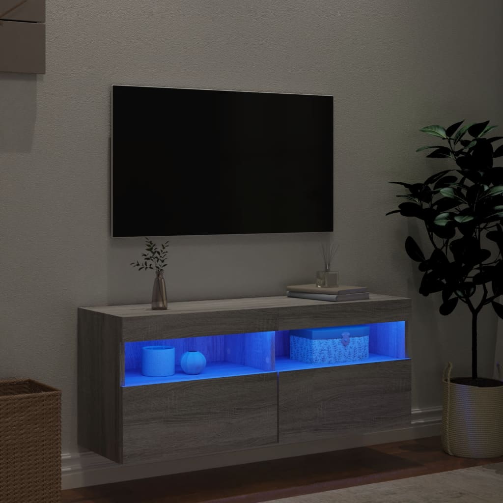 Comodă TV de perete cu lumini LED, gri sonoma, 100x30x40 cm GartenMobel Dekor