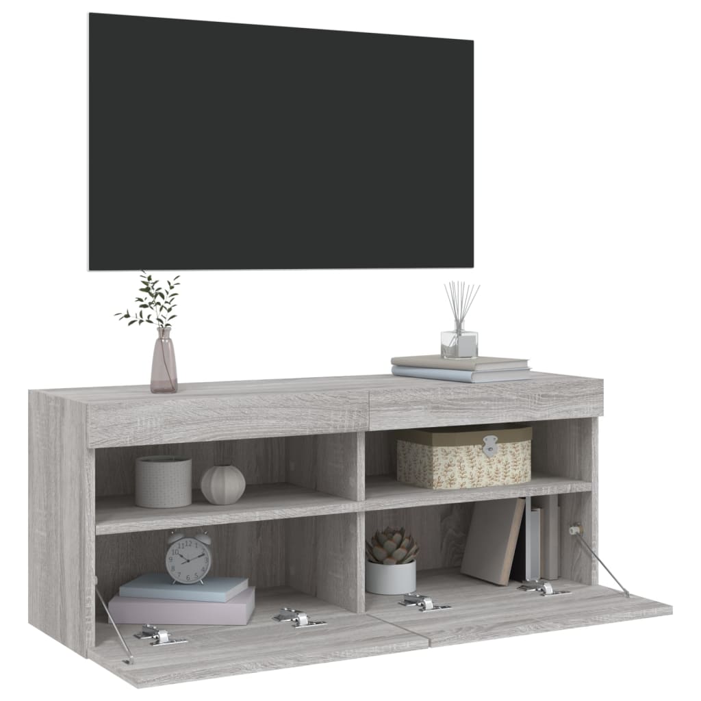 Comodă TV de perete cu lumini LED, gri sonoma, 100x30x40 cm GartenMobel Dekor