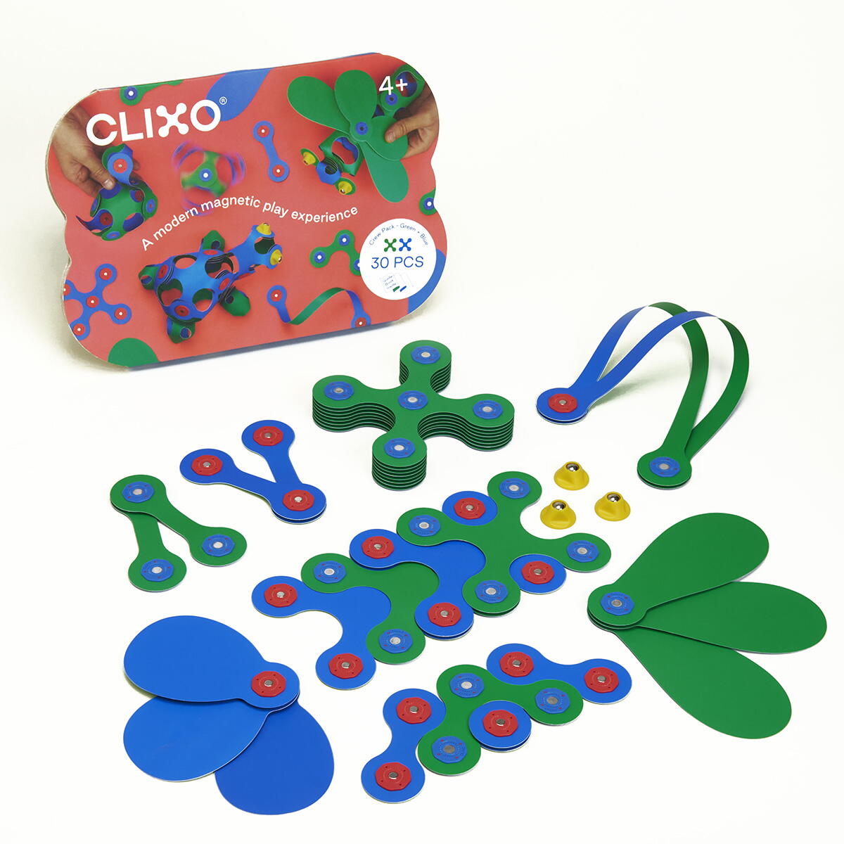 Clixo® joc magnetic de construit - Crew Albastru & Verde (30 piese) PlayLearn Toys
