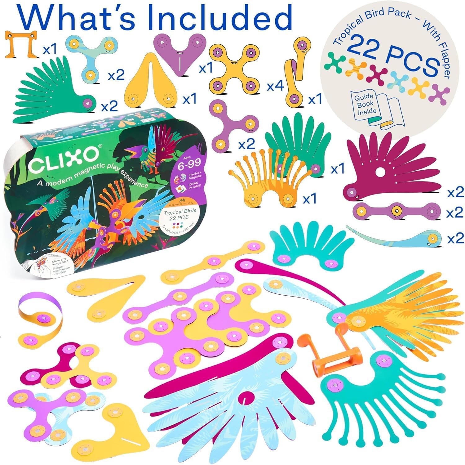 Clixo® joc magnetic de construit - Pasari tropicale (22 piese) PlayLearn Toys