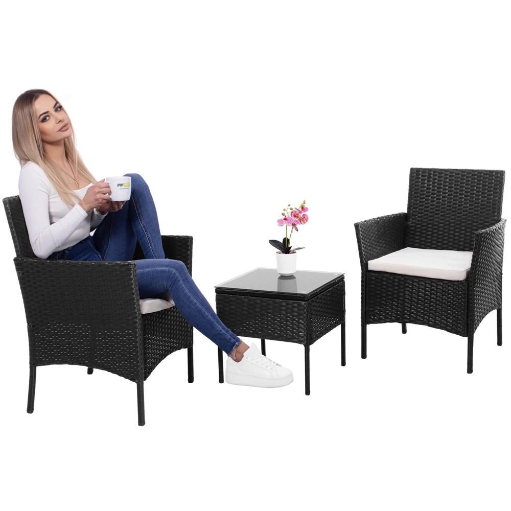 Set mobilier terasa, din tehnorattan, masa cu blat sticla securizata, 2 fotolii cu perne, negru Household NewTrend