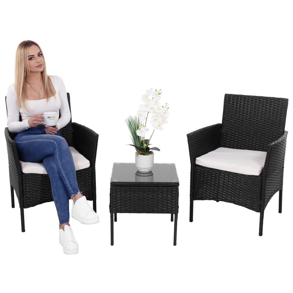 Set mobilier terasa, din tehnorattan, masa cu blat sticla securizata, 2 fotolii cu perne, negru Household NewTrend