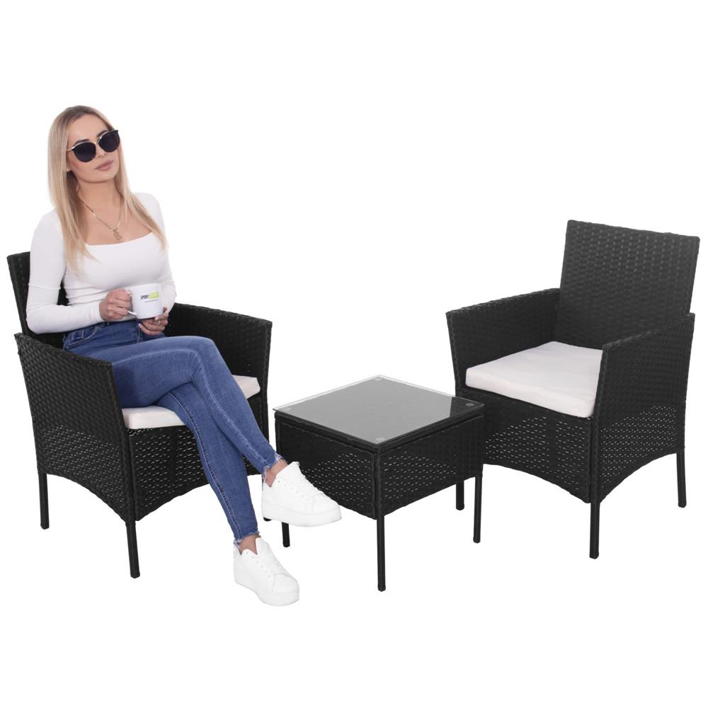 Set mobilier terasa, din tehnorattan, masa cu blat sticla securizata, 2 fotolii cu perne, negru Household NewTrend