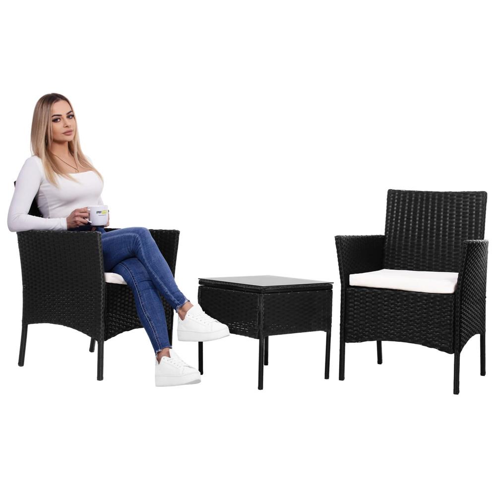 Set mobilier terasa, din tehnorattan, masa cu blat sticla securizata, 2 fotolii cu perne, negru Household NewTrend