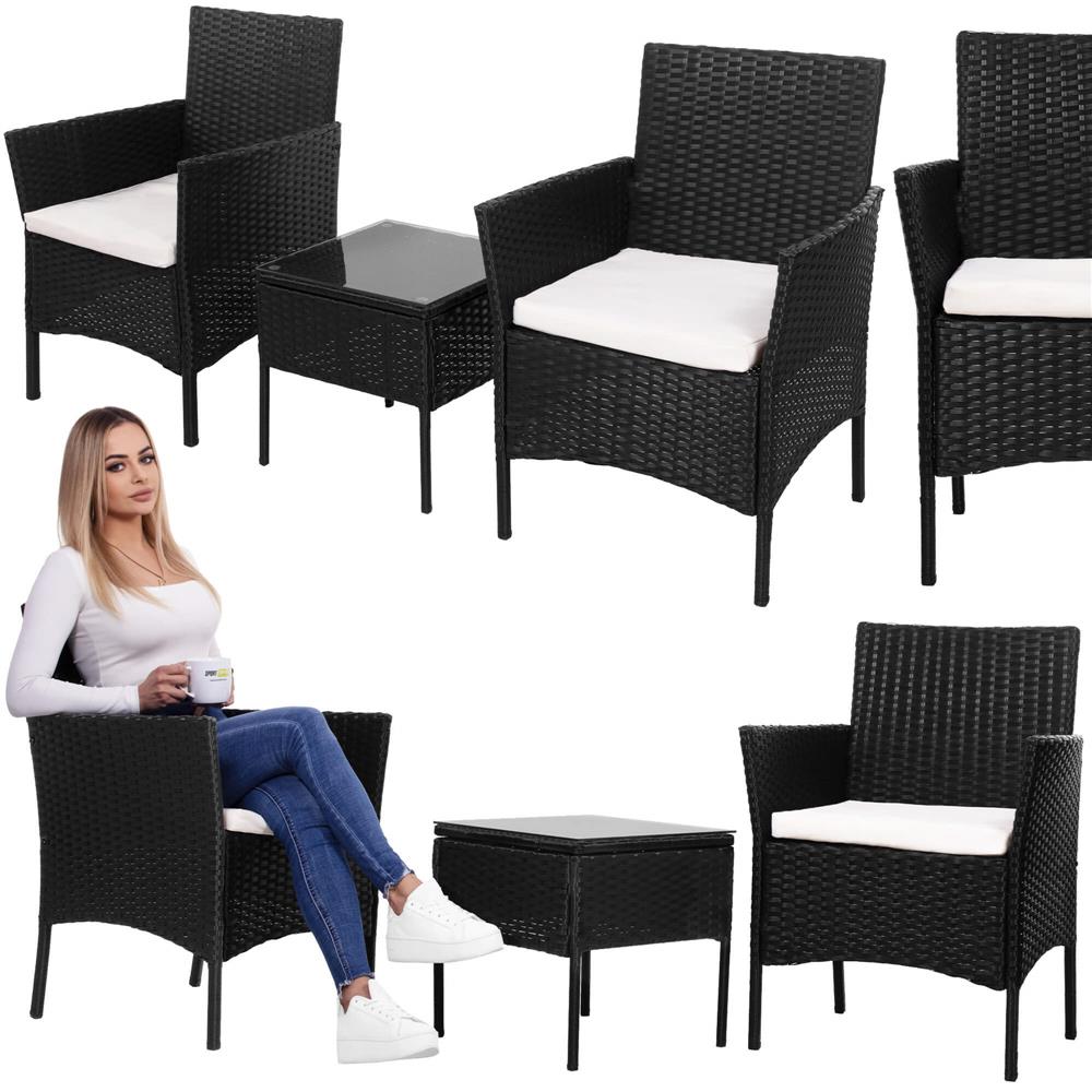 Set mobilier terasa, din tehnorattan, masa cu blat sticla securizata, 2 fotolii cu perne, negru Household NewTrend