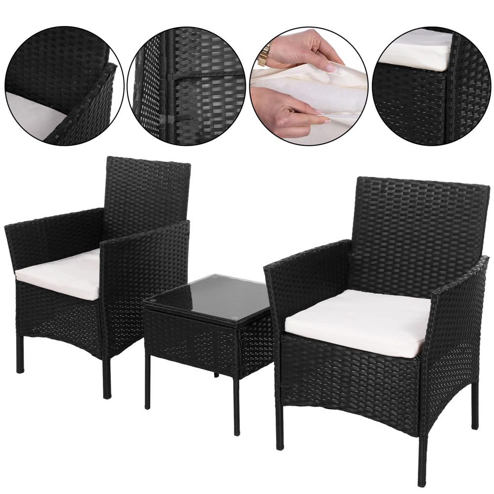 Set mobilier terasa, din tehnorattan, masa cu blat sticla securizata, 2 fotolii cu perne, negru Household NewTrend