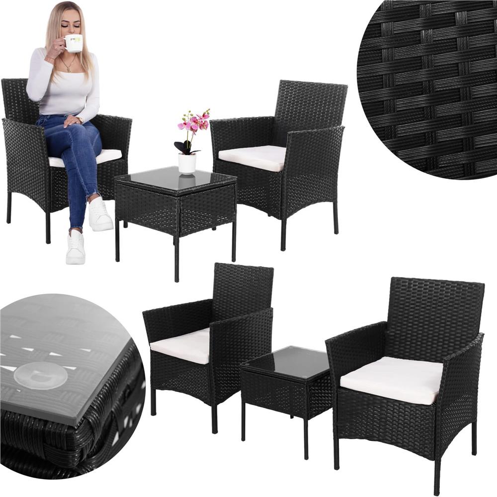 Set mobilier terasa, din tehnorattan, masa cu blat sticla securizata, 2 fotolii cu perne, negru Household NewTrend
