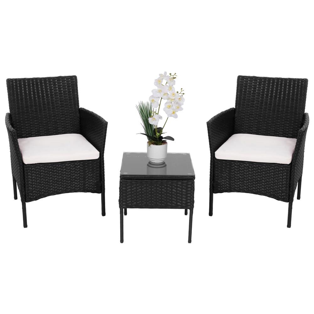 Set mobilier terasa, din tehnorattan, masa cu blat sticla securizata, 2 fotolii cu perne, negru Household NewTrend