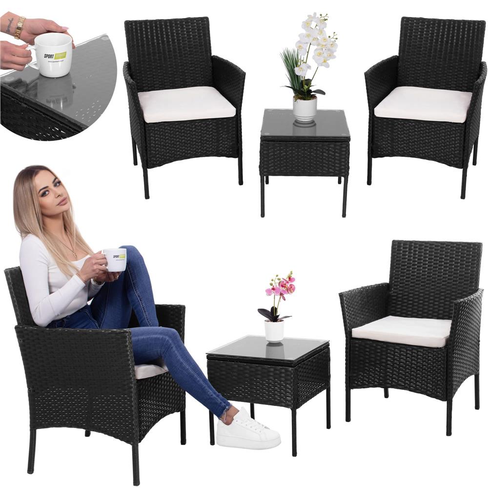 Set mobilier terasa, din tehnorattan, masa cu blat sticla securizata, 2 fotolii cu perne, negru Household NewTrend