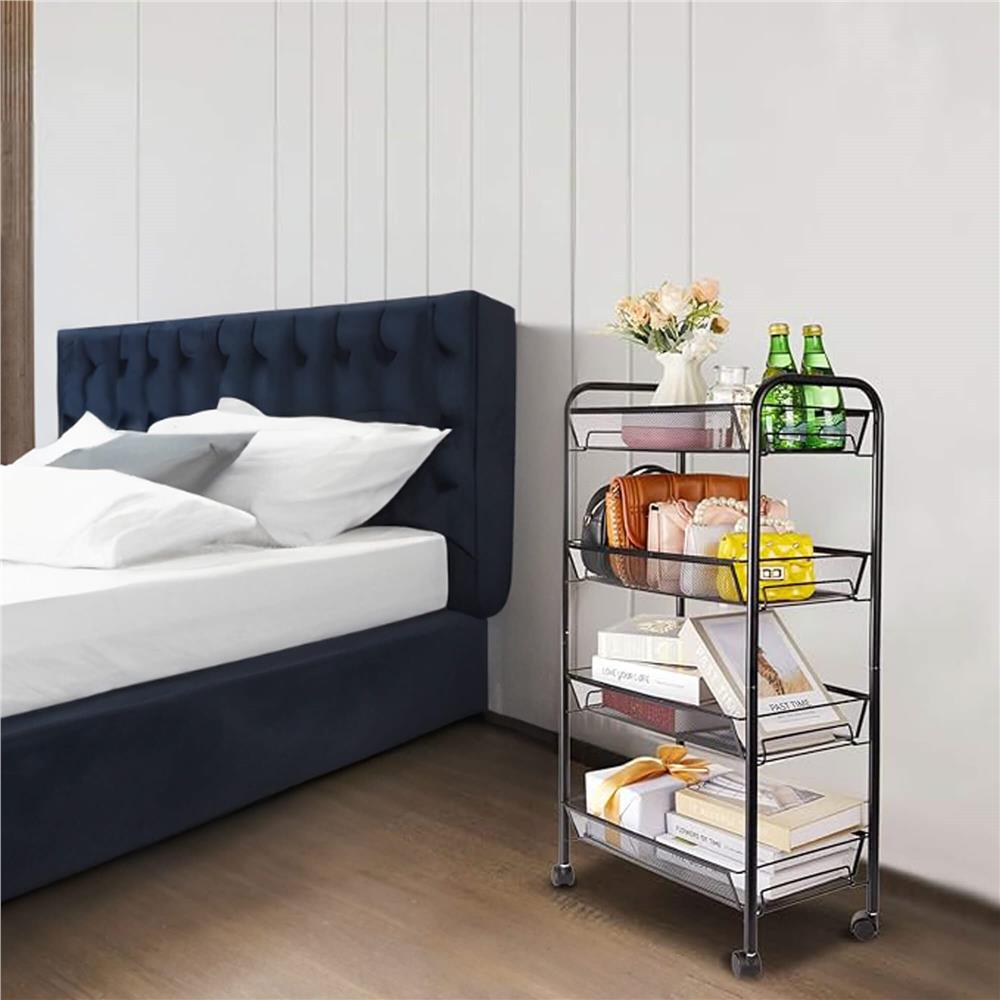 Raft metalic mobil tip carucior pentru bucatarie, 4 polite si 4 agatatori, negru, 44x26x85cm Household NewTrend