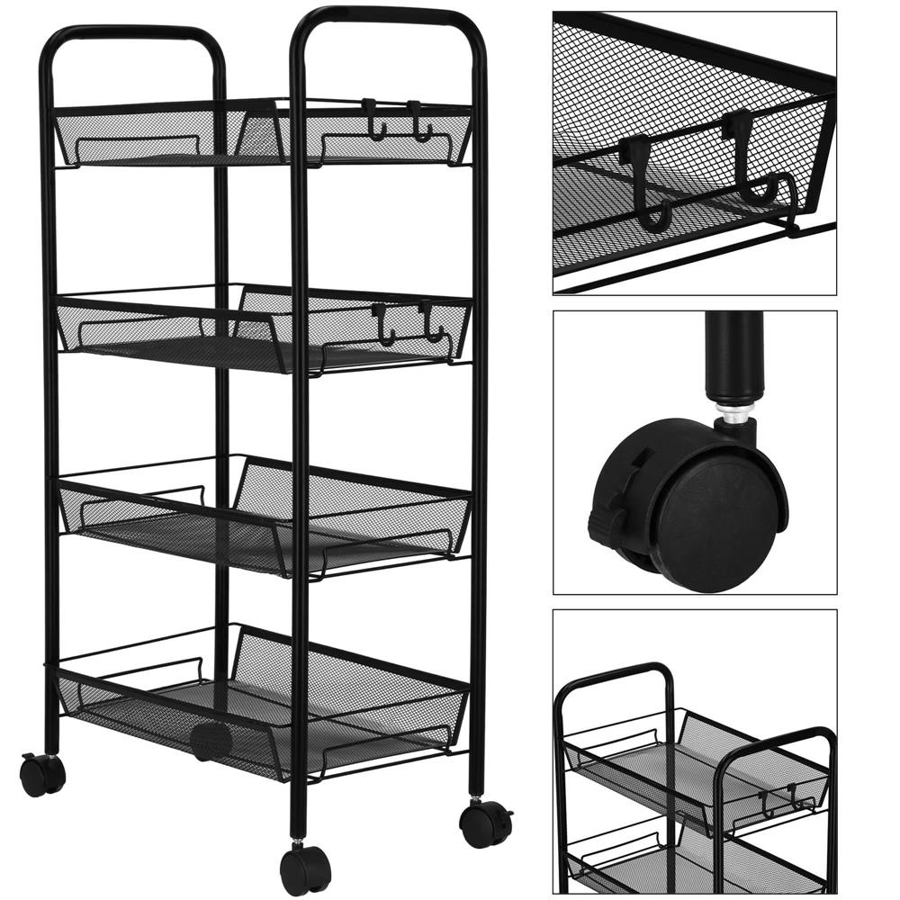 Raft metalic mobil tip carucior pentru bucatarie, 4 polite si 4 agatatori, negru, 44x26x85cm Household NewTrend