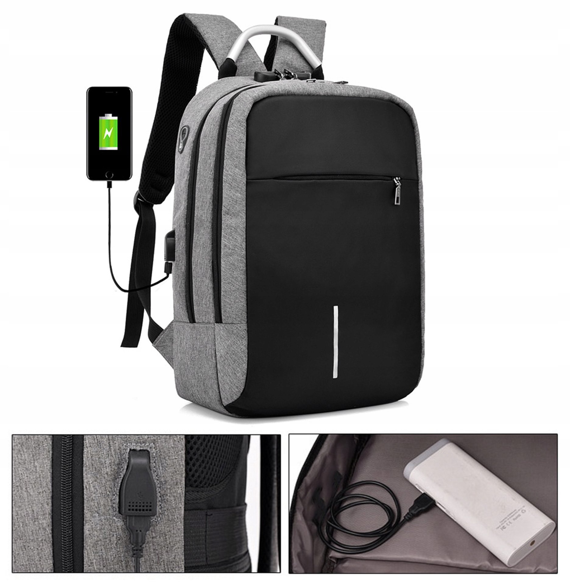 Rucsac impermeabil, cu sistem antifurt, port USB, 45x14x30cm, 25litri, negru si gri Household NewTrend