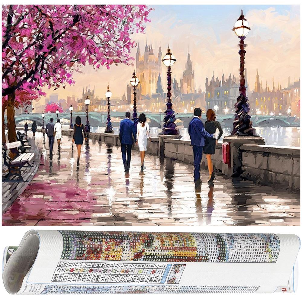 Set de broderie cu diamante 5D, 30x40cm, model Alee pietonala langa rau Household NewTrend