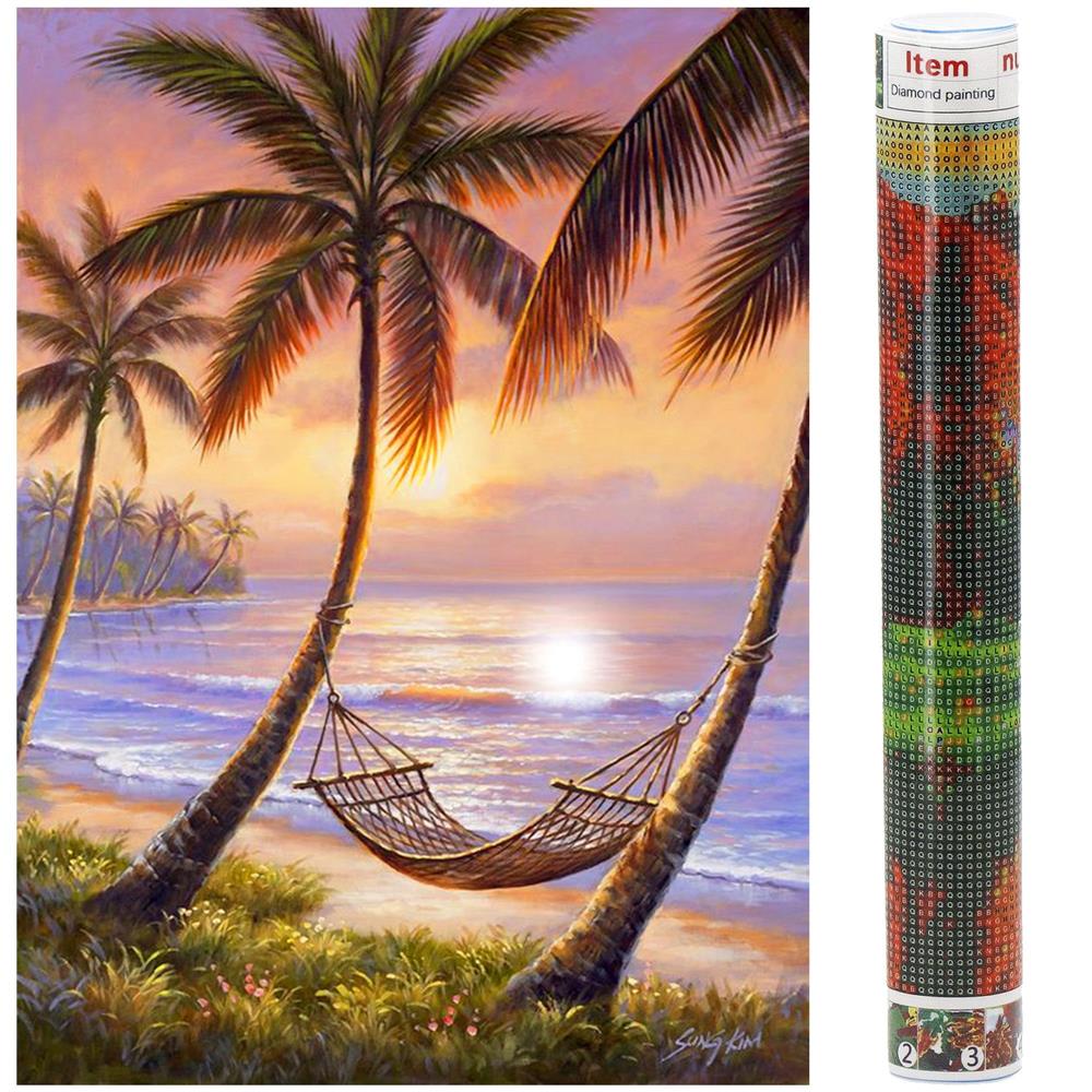 Set de broderie cu diamante 5D, 30x40cm, model Hamac pe plaja Household NewTrend