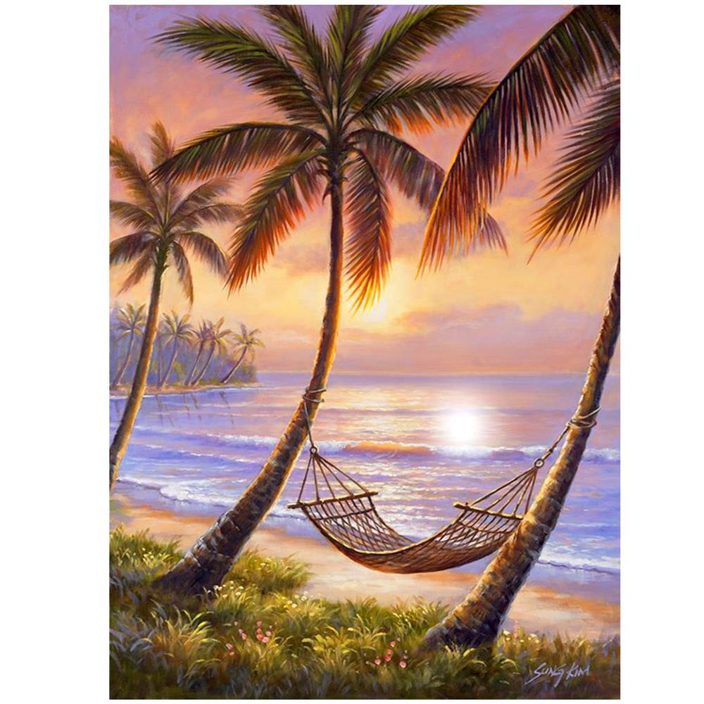 Set de broderie cu diamante 5D, 30x40cm, model Hamac pe plaja Household NewTrend