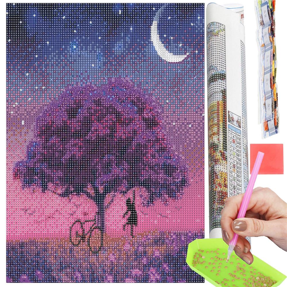 Set de broderie cu diamante 5D, 30x40cm, model Pom inflorit sub luna Household NewTrend