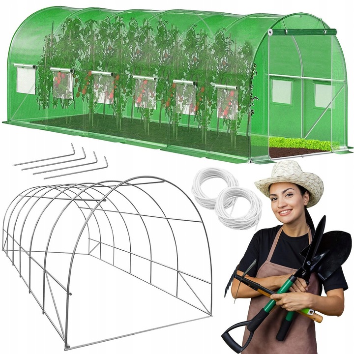 Sera de gradina, tip tunel cu cadru metalic, 300x600cm, 13 ferestre, verde, 18 mp Household NewTrend