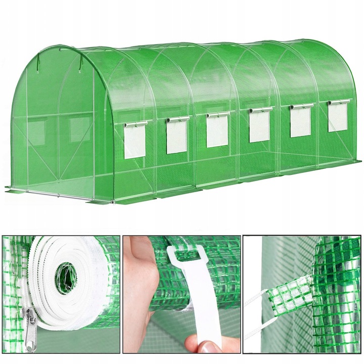Sera de gradina, tip tunel cu cadru metalic, 300x600cm, 13 ferestre, verde, 18 mp Household NewTrend