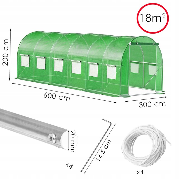 Sera de gradina, tip tunel cu cadru metalic, 300x600cm, 13 ferestre, verde, 18 mp Household NewTrend