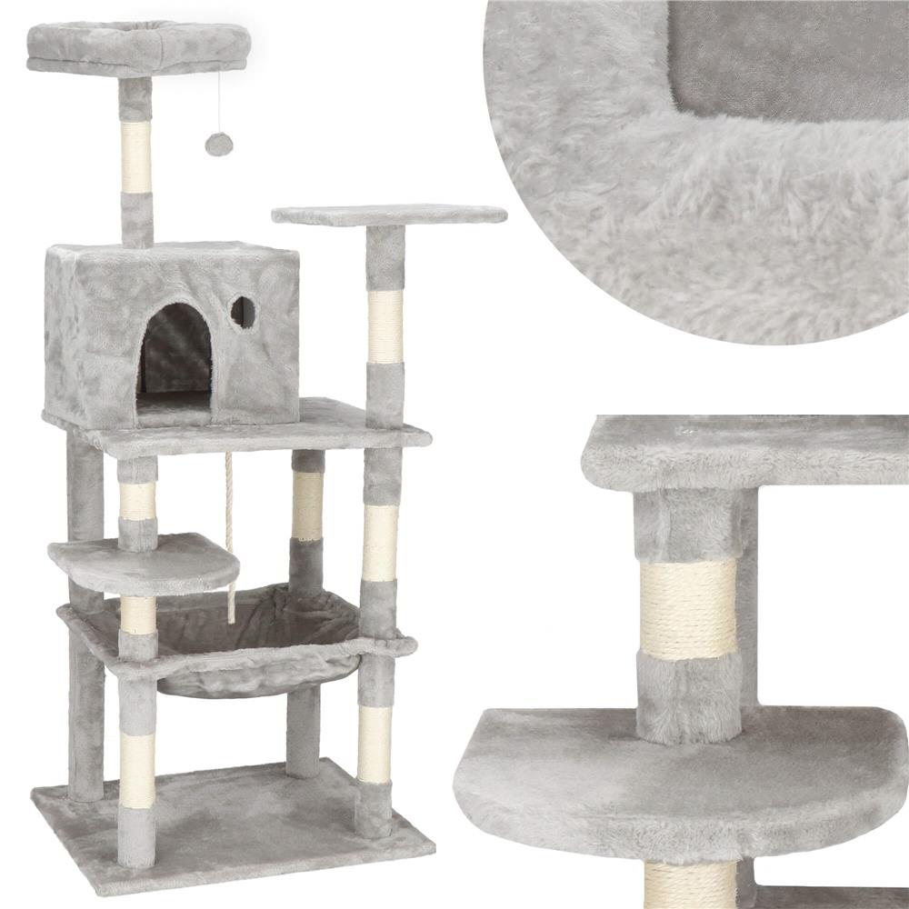 Ansamblu de joaca pentru pisici, cu loc pentru zgariat, ascuns, culcus, minge, sfoara, 145cm, gri Household NewTrend