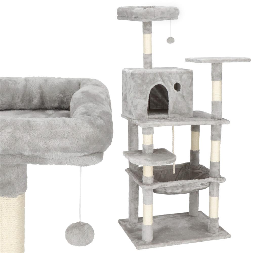 Ansamblu de joaca pentru pisici, cu loc pentru zgariat, ascuns, culcus, minge, sfoara, 145cm, gri Household NewTrend