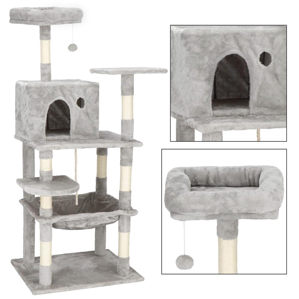 Ansamblu de joaca pentru pisici, cu loc pentru zgariat, ascuns, culcus, minge, sfoara, 145cm, gri Household NewTrend