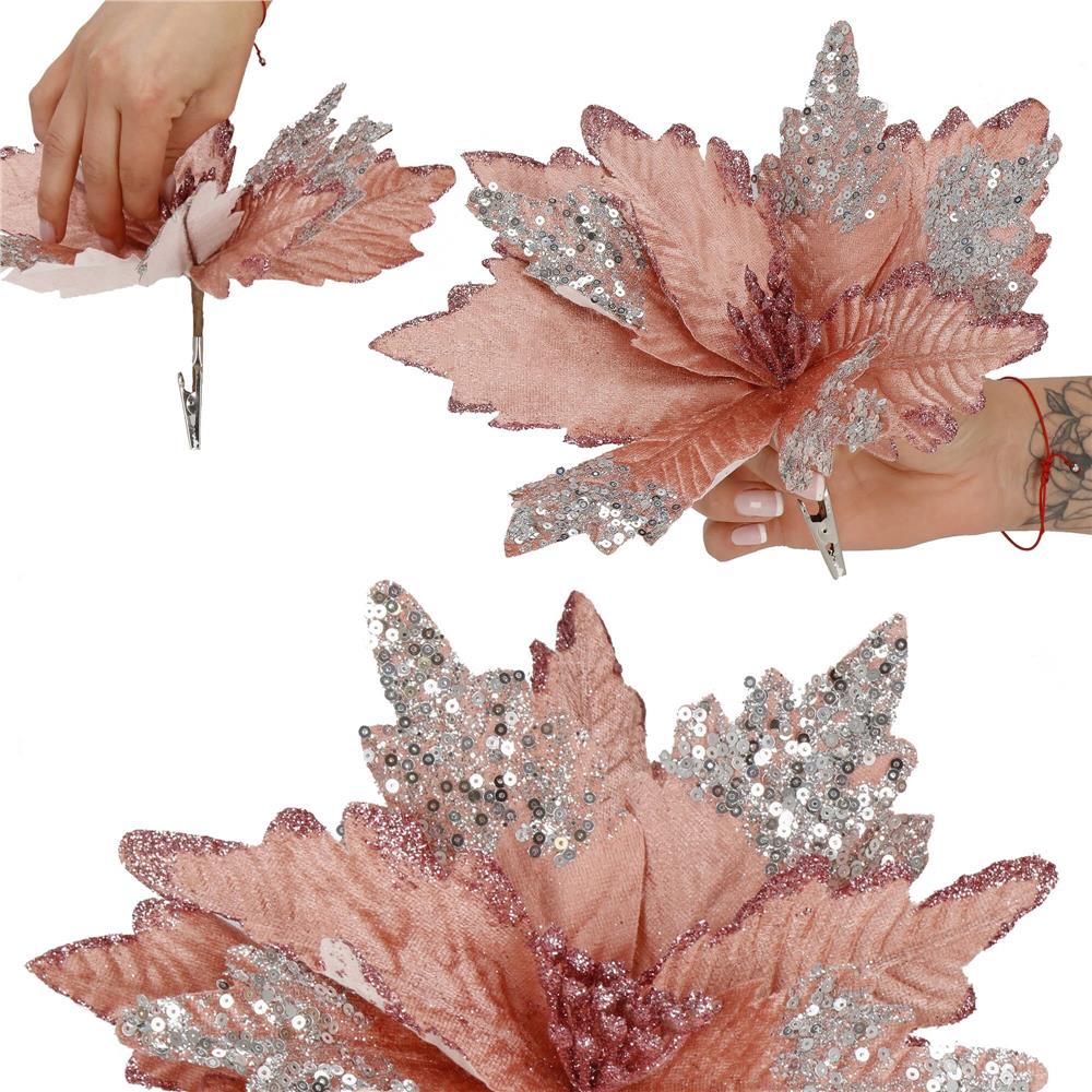 Set 5 ornamente pentru bradul de Craciun, stea Poinsettia, 26cm, roz argintiu Household NewTrend