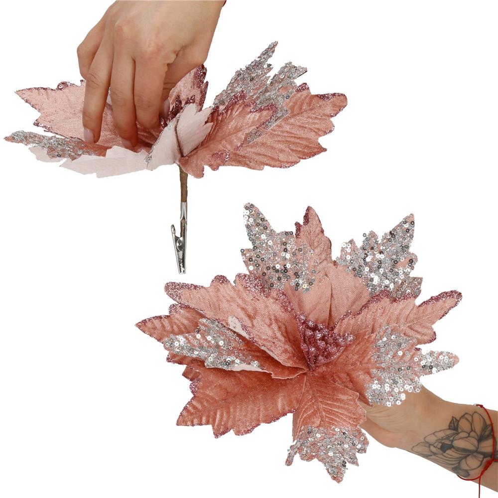 Set 5 ornamente pentru bradul de Craciun, stea Poinsettia, 26cm, roz argintiu Household NewTrend
