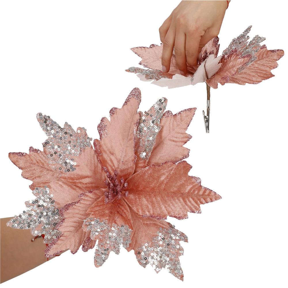 Set 5 ornamente pentru bradul de Craciun, stea Poinsettia, 26cm, roz argintiu Household NewTrend
