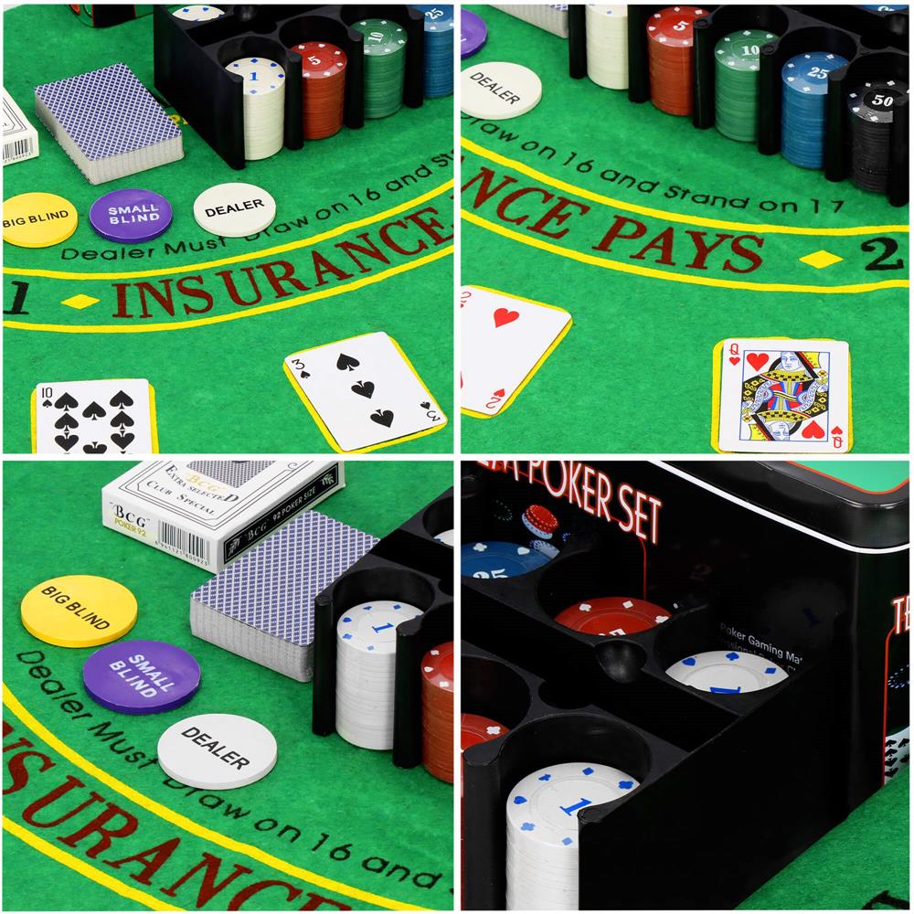 Set de Poker Complex cu 200 de jetoane, covoras verde, 2 seturi de carti, in cutie metalica Household NewTrend
