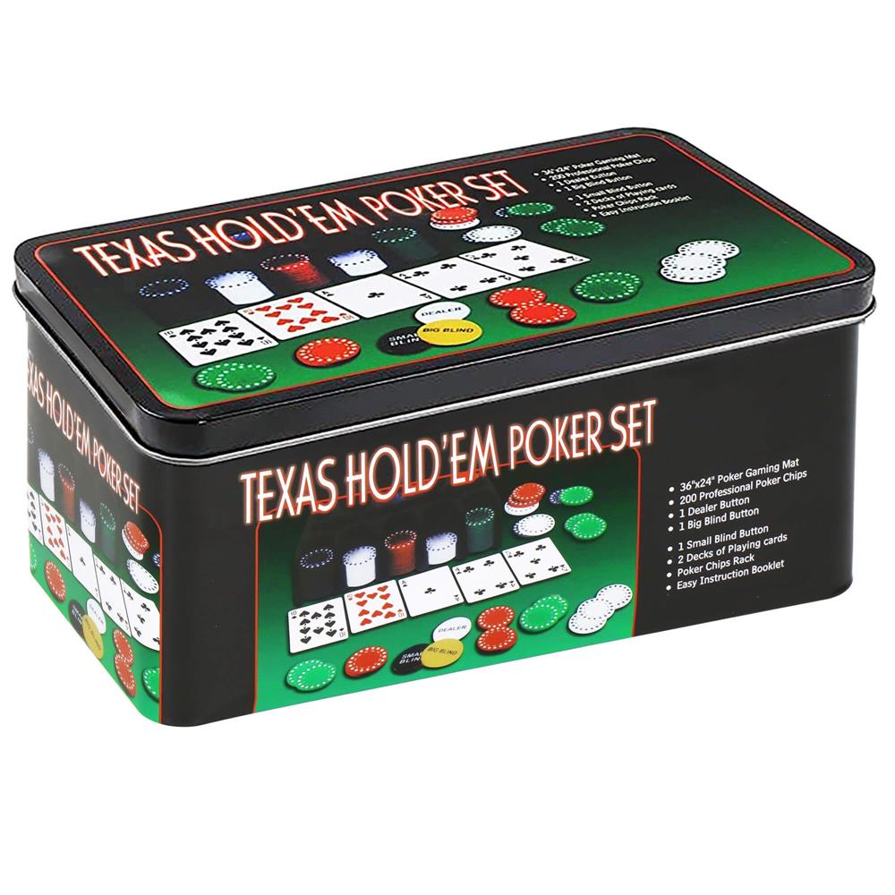 Set de Poker Complex cu 200 de jetoane, covoras verde, 2 seturi de carti, in cutie metalica Household NewTrend