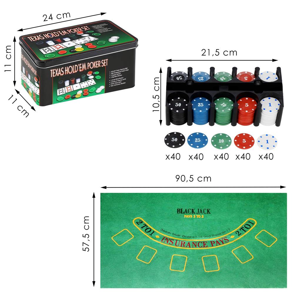 Set de Poker Complex cu 200 de jetoane, covoras verde, 2 seturi de carti, in cutie metalica Household NewTrend