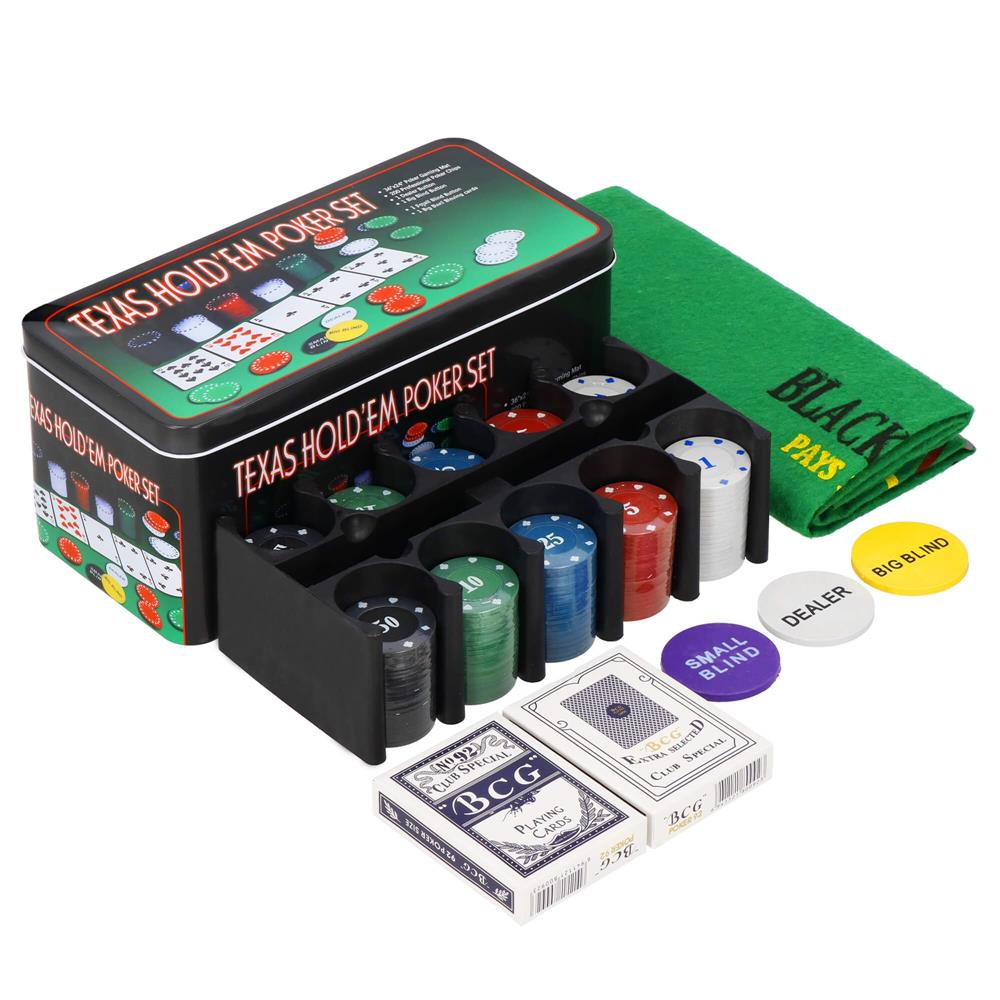 Set de Poker Complex cu 200 de jetoane, covoras verde, 2 seturi de carti, in cutie metalica Household NewTrend