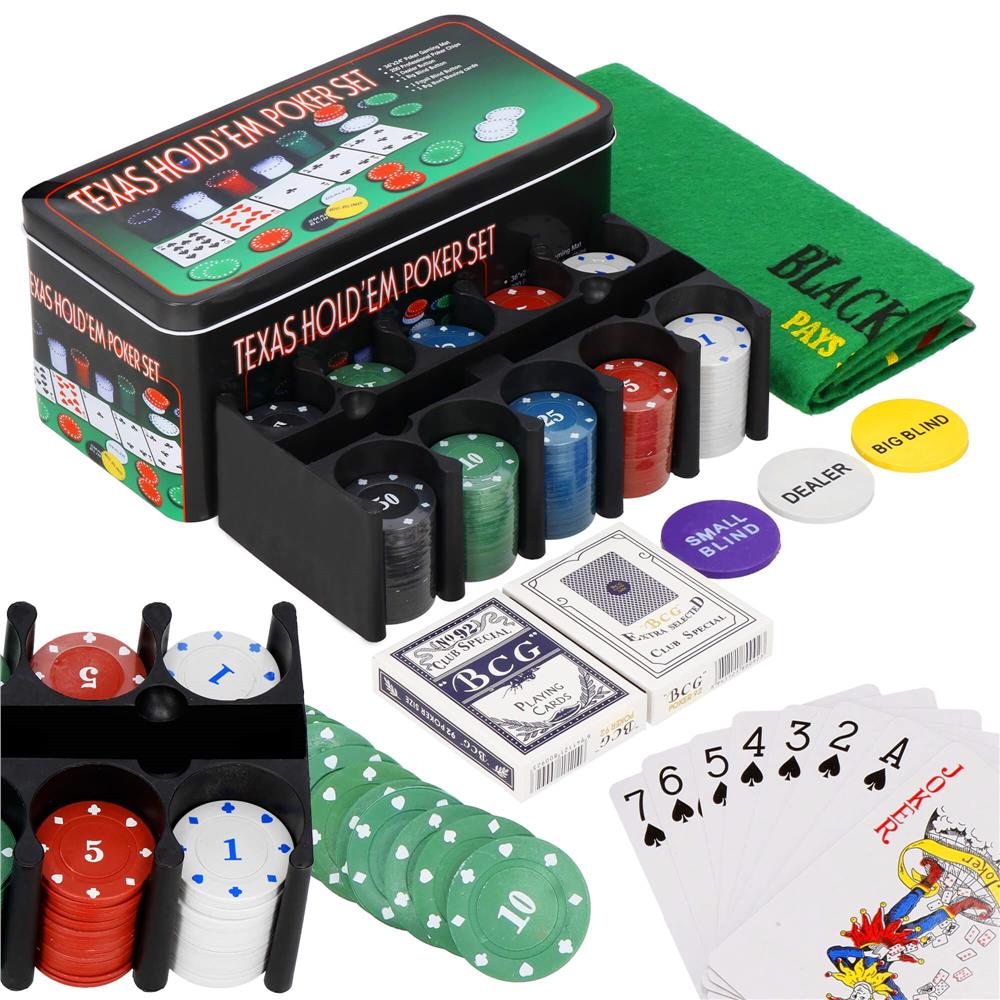 Set de Poker Complex cu 200 de jetoane, covoras verde, 2 seturi de carti, in cutie metalica Household NewTrend