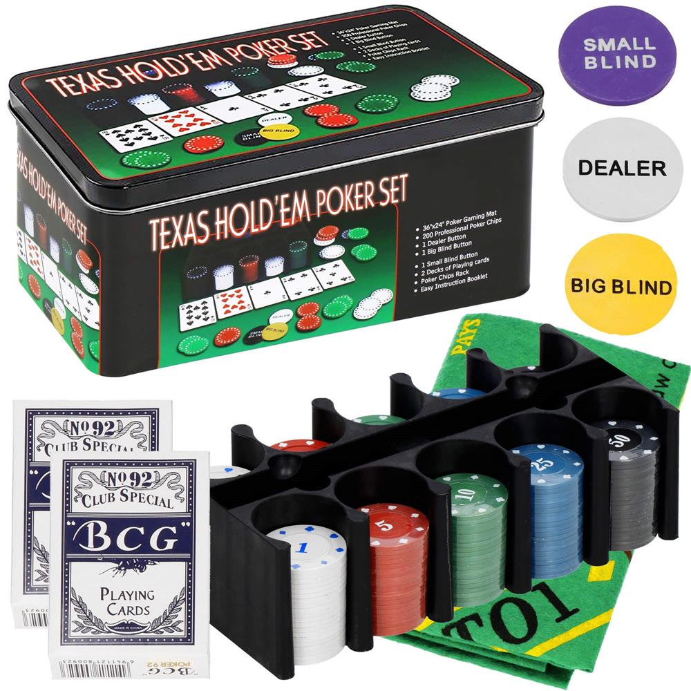 Set de Poker Complex cu 200 de jetoane, covoras verde, 2 seturi de carti, in cutie metalica Household NewTrend