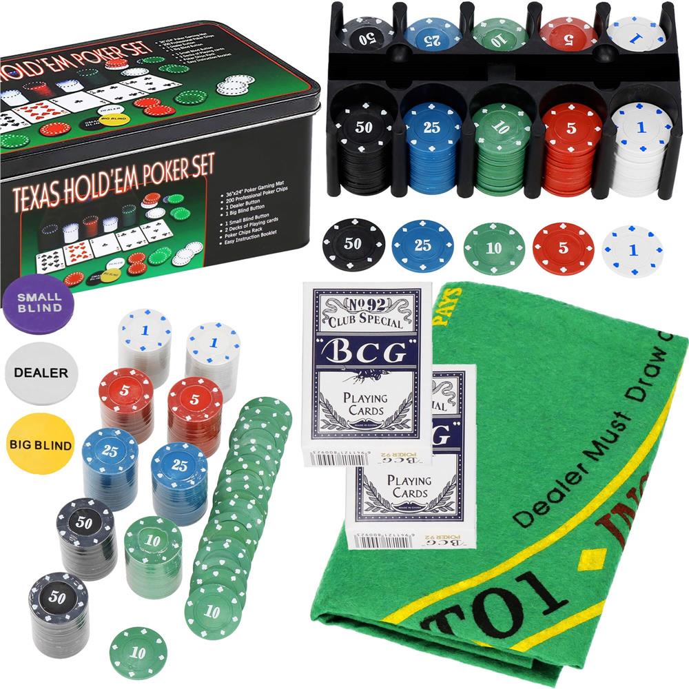 Set de Poker Complex cu 200 de jetoane, covoras verde, 2 seturi de carti, in cutie metalica Household NewTrend